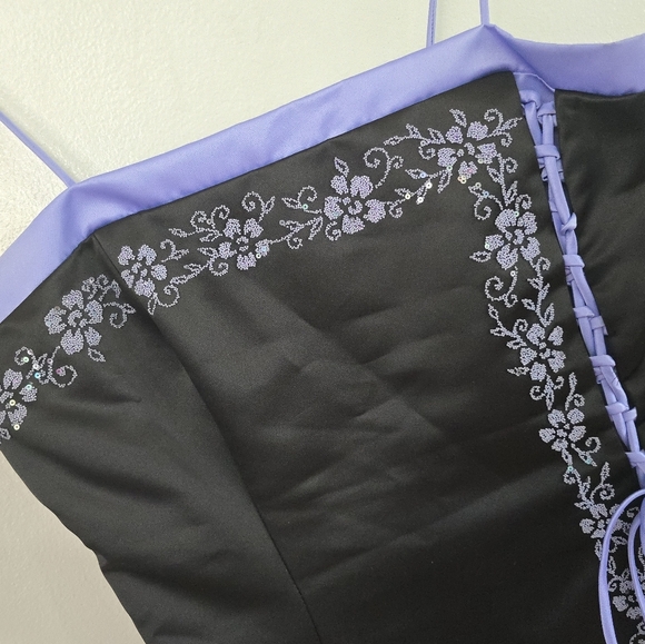 Prom Dress Maxi Gown Purple Black Bead Y2K Floral Delvt Sz 13 Fairy FLAWS - Picture 3 of 13